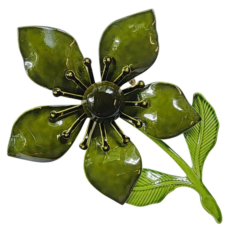 Enamel Flower Pin Green Brooch Mid-Century-Mod 1960s Retro Pop Art Statement
